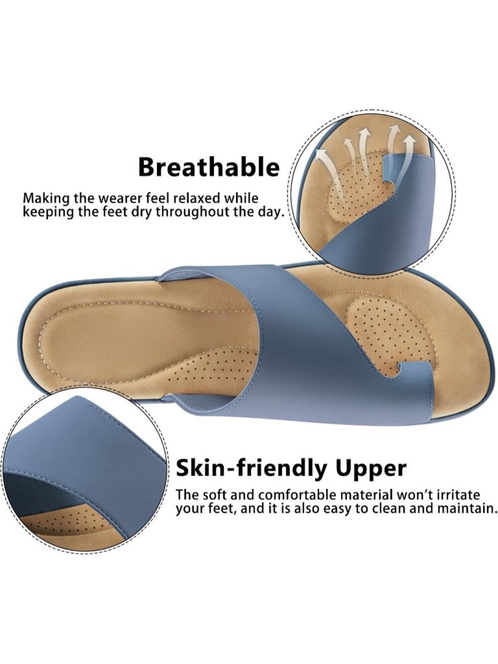 Women's Blue Leather Summer Flats Dressy Slides Soft Orthopedic Casual Shoes - Picture 4 of 6